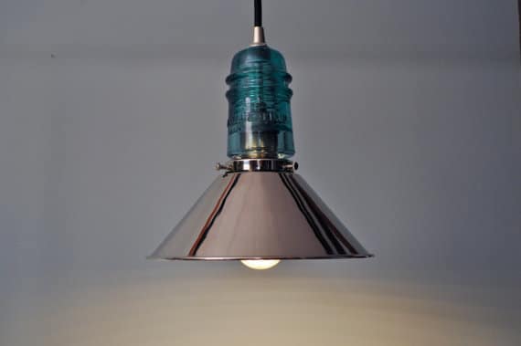 Vintage Glass Insulator with Chrome Shade Pendant Lighting Pendant Lighting 