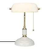 FIRVRE White Glass Bankers Desk Lamp Traditional Home Office Table Lamps with Pull Chain Switch...