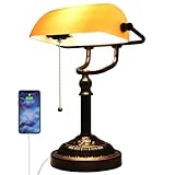 Rizzyluz Rustic Banker's Desk Lamp Pull Chain, Traditional Bankers Desk Lamp with USB Port, Vintage...