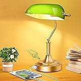 Bankers Lamp with 2 USB Ports, Touch Control Green Glass Desk Lamp with Brass Base, 3-Way Dimmable...