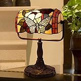 Lavish Home Tiffany Style Bankers Lamp-Stained Glass Butterfly Design Table or Desk Light LED Bulb...