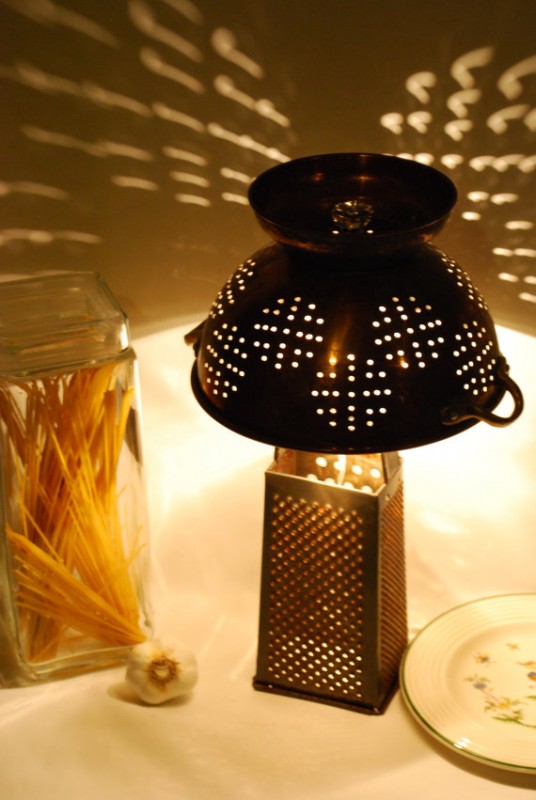 Rustic Recycled Cheese Grater and Colander Countertop Lamp Light