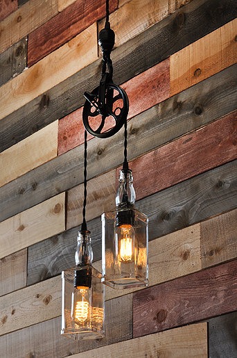 Whiskey Bottle Lights with Vintage Pulley