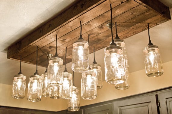 Mason Jar Wood Pallet Chandelier - wood-lamps, restaurant-bar, flush-mount-lighting