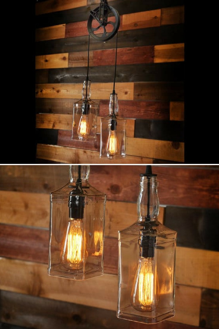 Rustic Pulley Pendant Light with Whiskey Bottles