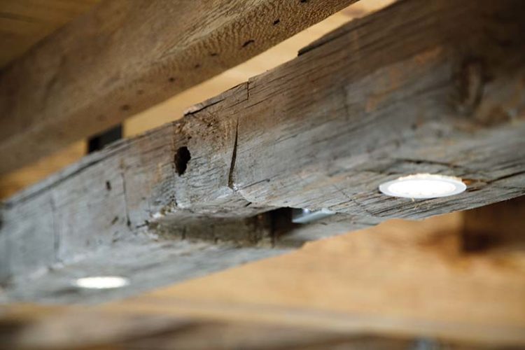 Wood Beam Light Fixture in Modern Farmhouse Kitchen