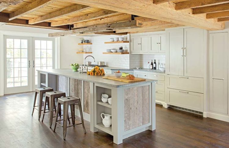 Wood Beam Light Fixture in Modern Farmhouse Kitchen