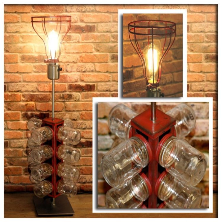 Re-purposed 24 Glass Jar Red Metal Tower Table Lamp