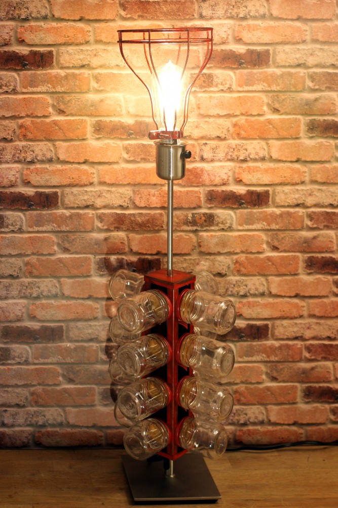 Re-purposed 24 Glass Jar Red Metal Tower Table Lamp