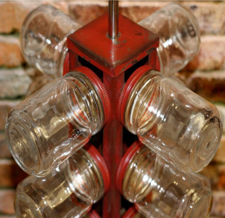Re-purposed 24 Glass Jar Red Metal Tower Table Lamp