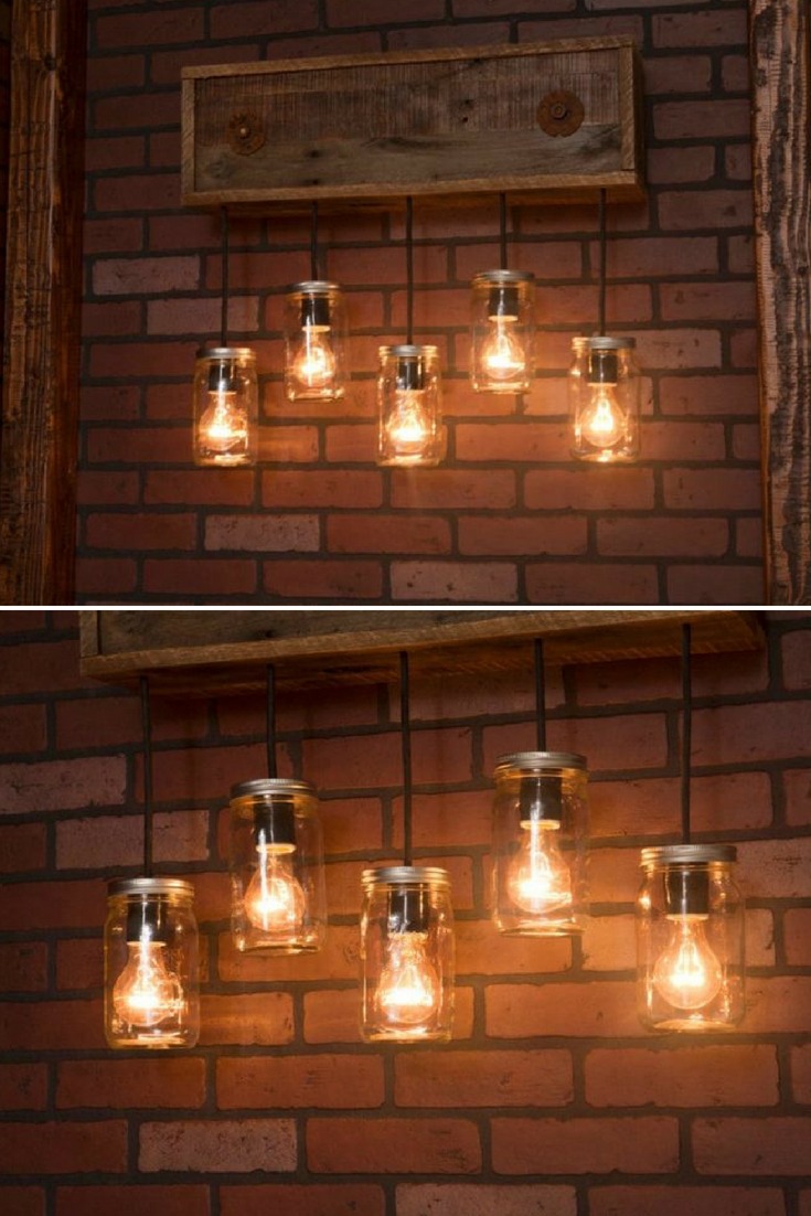 Mason Jar Wall Sconce With Reclaimed Wood Pendants