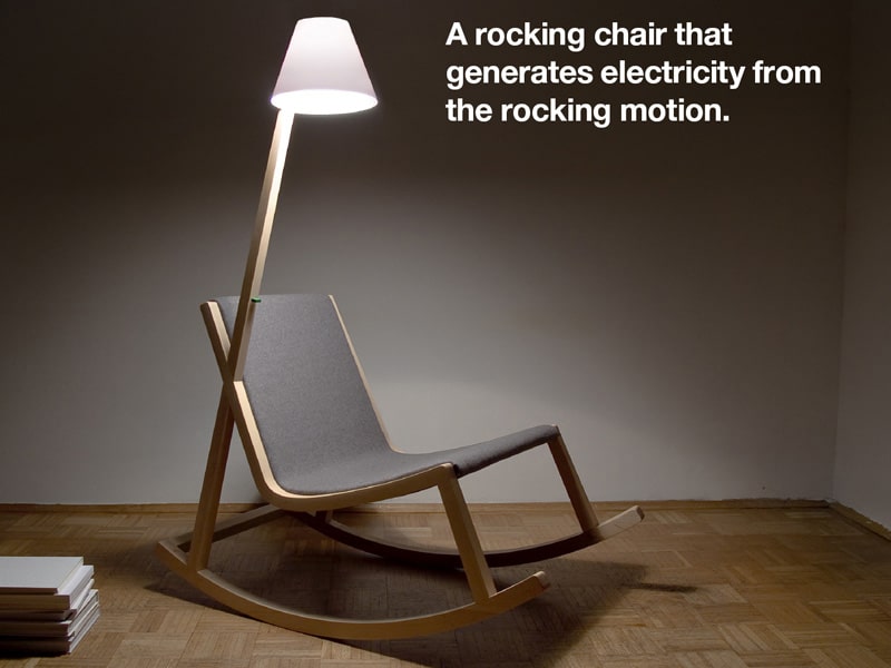 A Wood Rocking Chair with Floor Lamp That Produces Light iD Lights