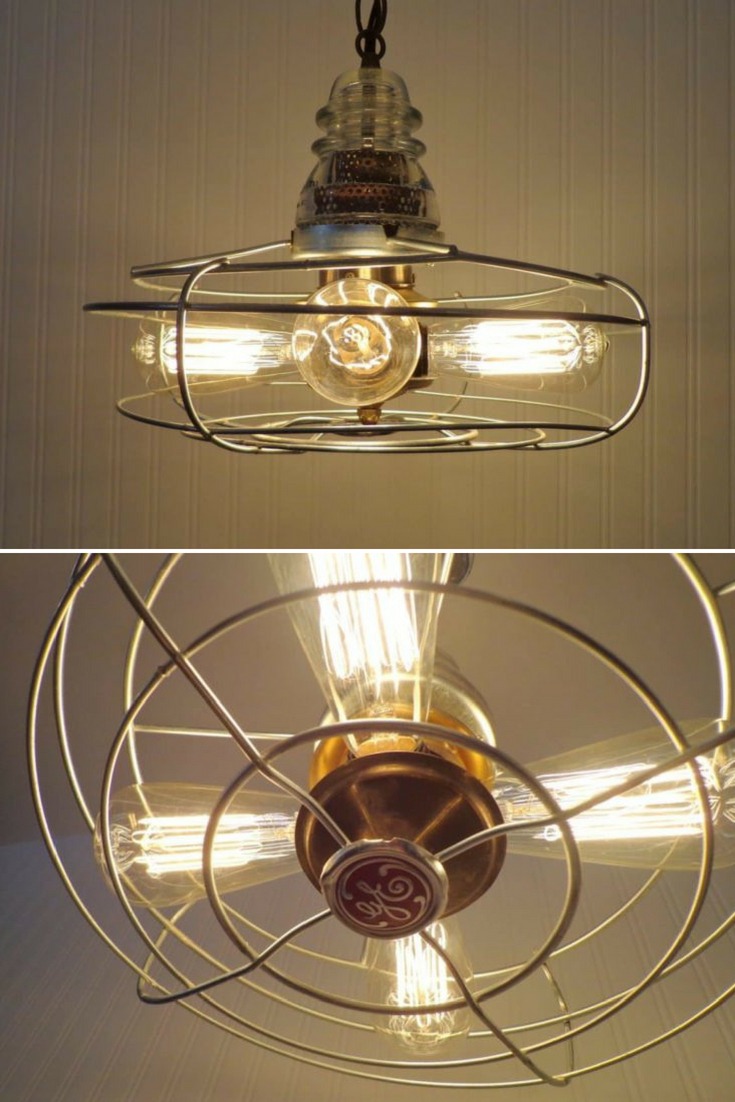 Early 1900's Chrome & Iron Vintage Fan Chandelier Pendant Lighting