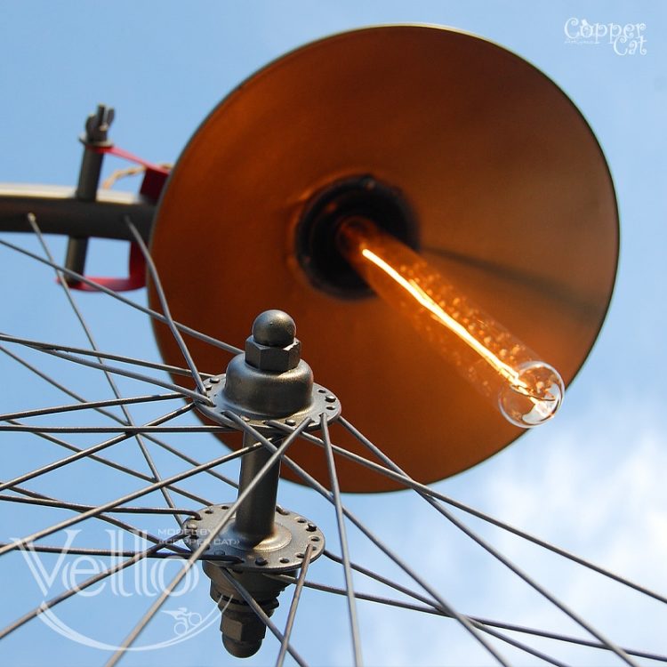 Bicycle Wheel and Parts Recycled into Steampunk Bike Lamp