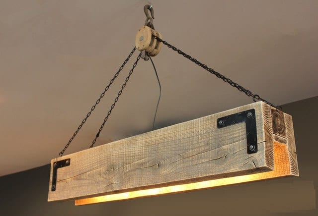 Wood Beam and Pulley Chandelier