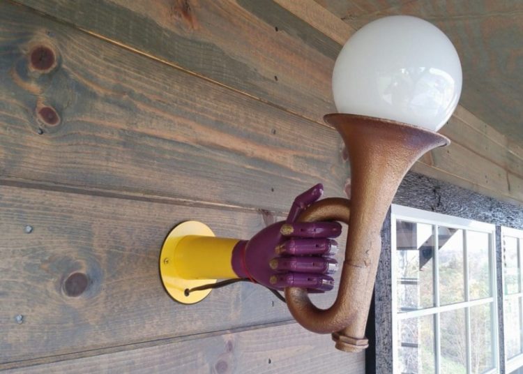 Getting a "handle" on outdoor lighting at the workshop. The horn was repurposed from a 1960's Mack truck.