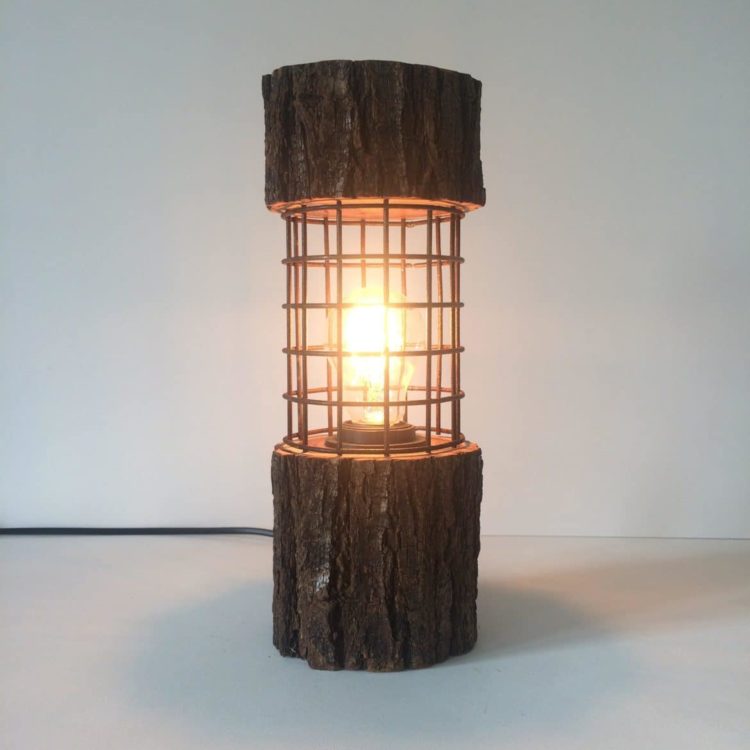 Rustic Log Lamp with Metal Cage