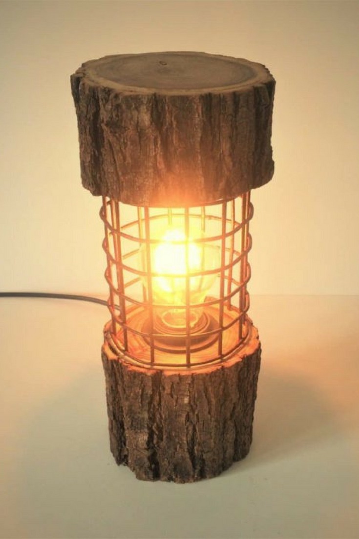 Rustic Log Lamp with Metal Cage