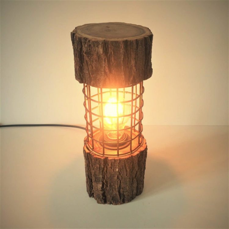 Rustic Log Lamp with Metal Cage