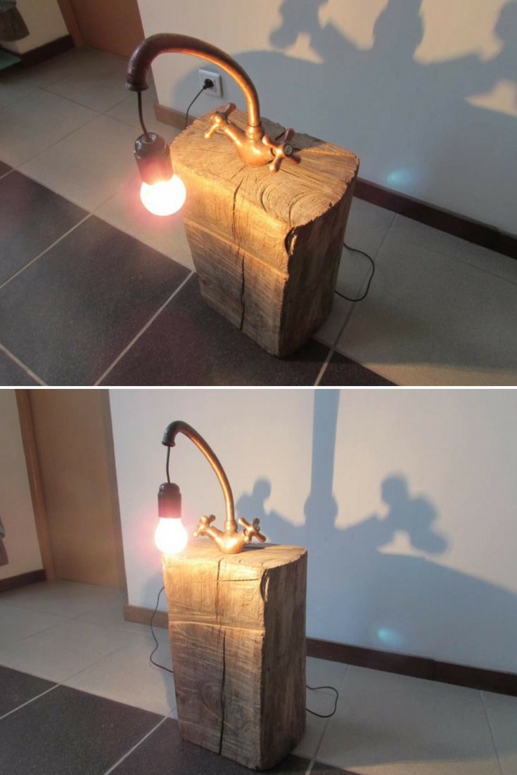 Copper Faucet Lamp on Wood Log