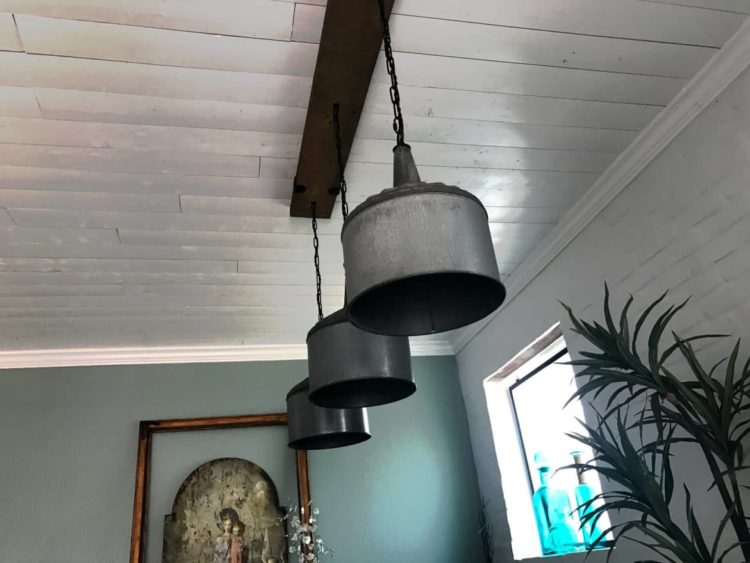 Funnel Chandelier with Barn Wood Beam and Iron Brackets