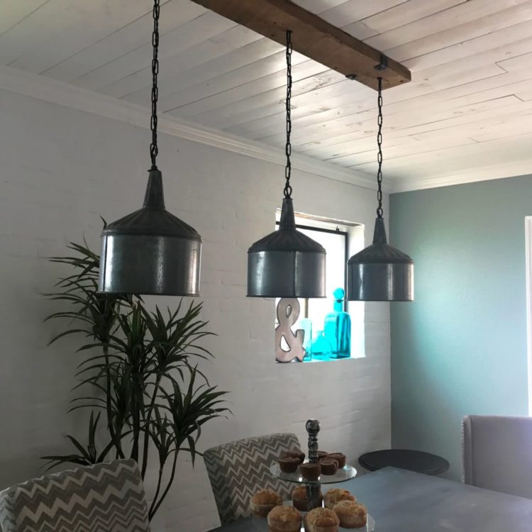 Funnel Chandelier with Barn Wood Beam and Iron Brackets