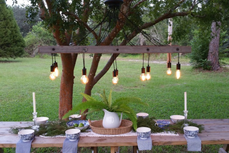 Outdoor Antique Farmhouse Ladder Chandelier with Vintage Edison Bulbs