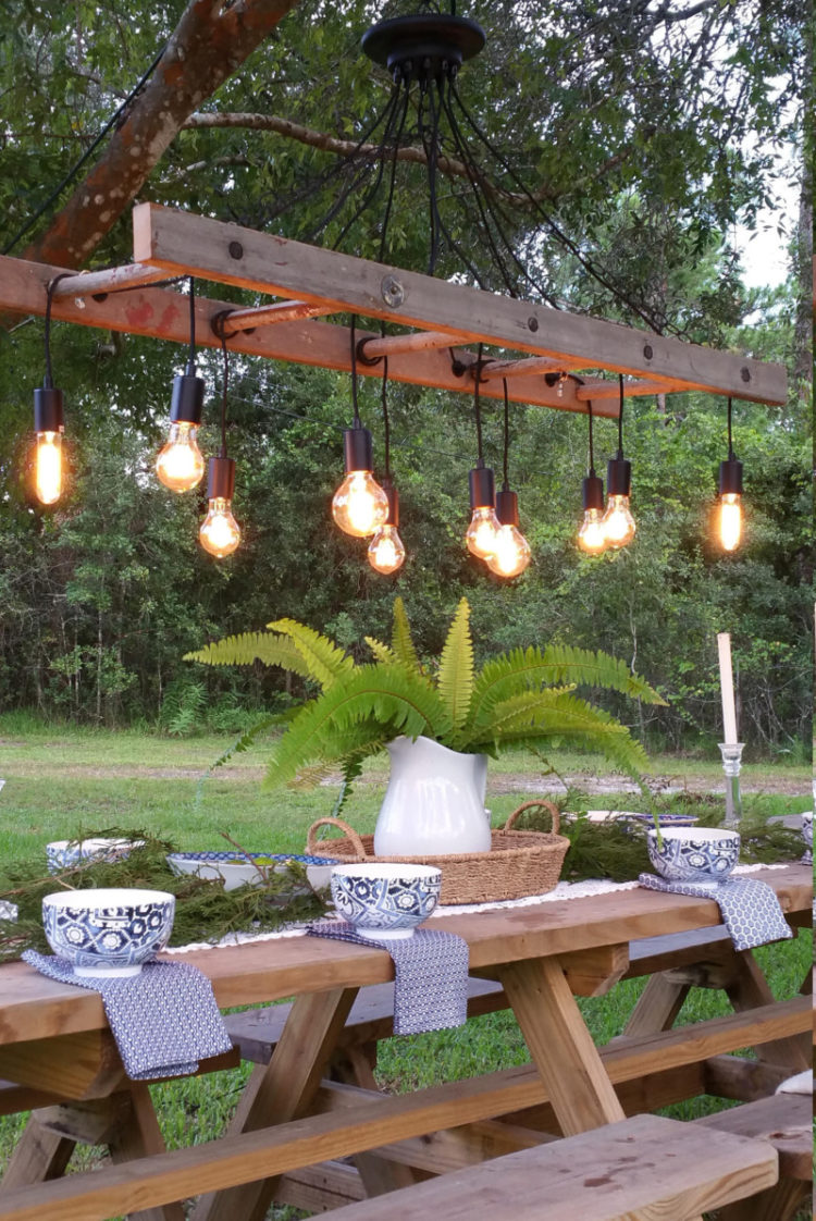 Outdoor Antique Farmhouse Ladder Chandelier with Vintage Edison Bulbs3