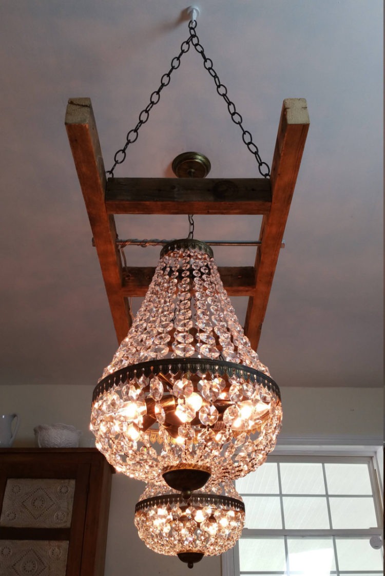 Vintage Farmhouse Ladder with Crystal Chandeliers