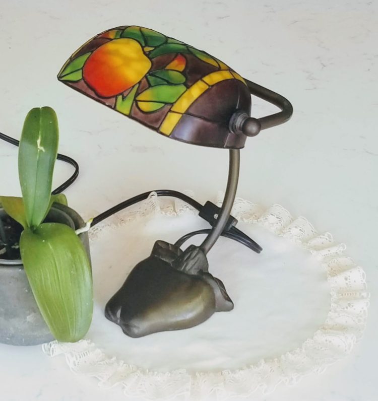 Vintage Tiffany Style Bankers Lamp apple shaped Metal BASE Stained Glass