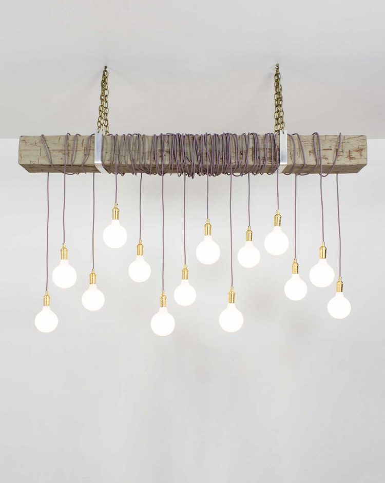 Amazing Pendant Wooden Beam with Golden Chains and White Bulbs