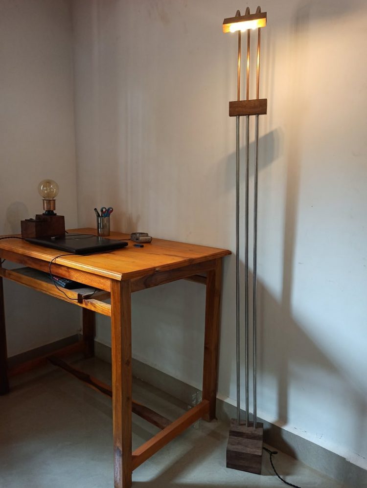 Minimalist Floor Lamp made of Teak Wood Copper and Steel Tubes